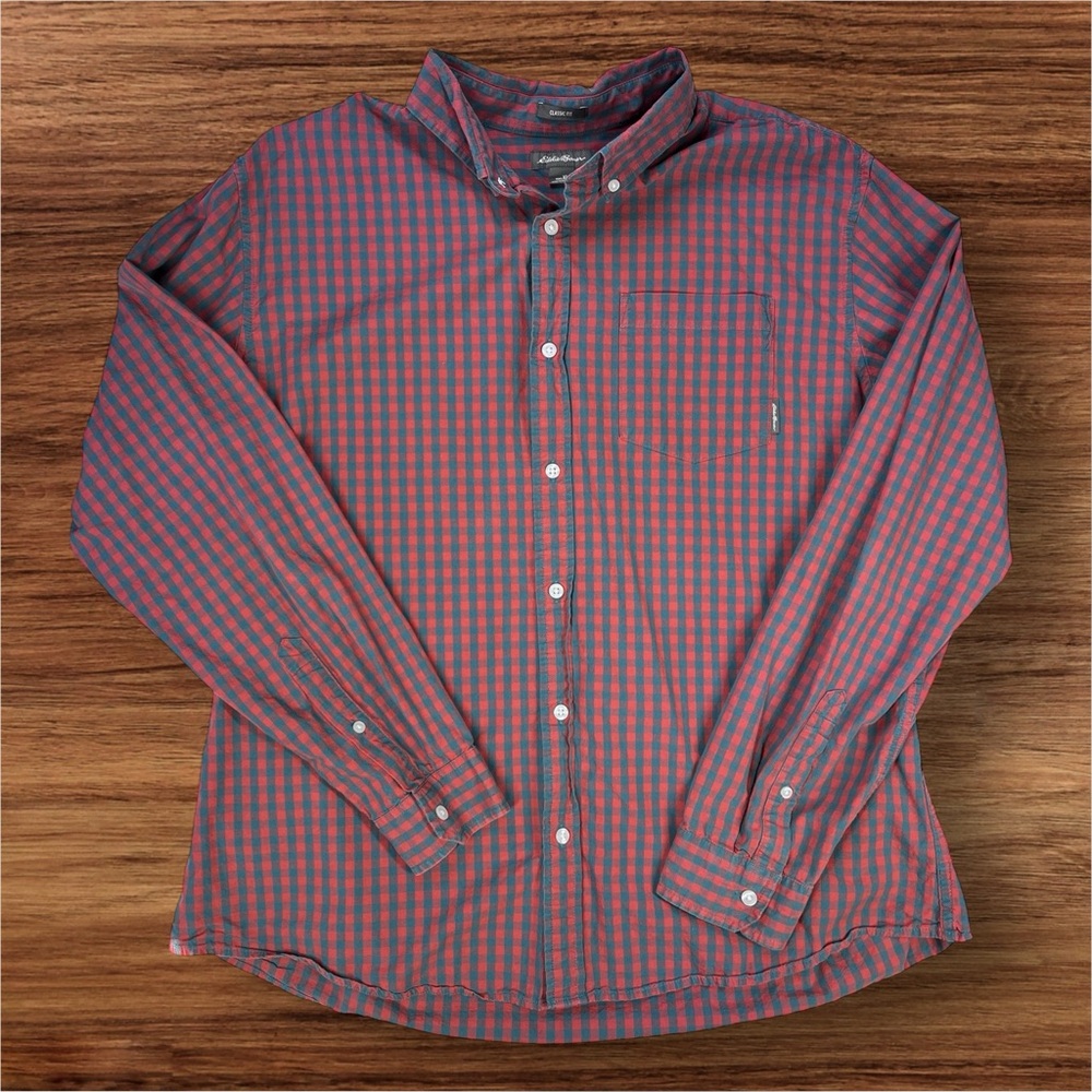 Eddie Bauer Men’s Long Sleeve Red and Blue Check Pattern Casual Button Down. XL